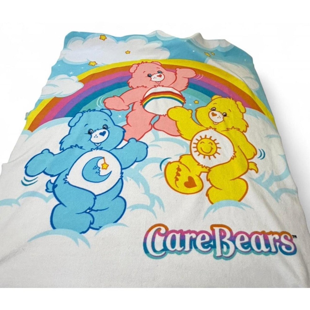 Vintage 2003 Care Bears Fleece Blanket Rainbow Cheer Funshine Bedtime 52x50